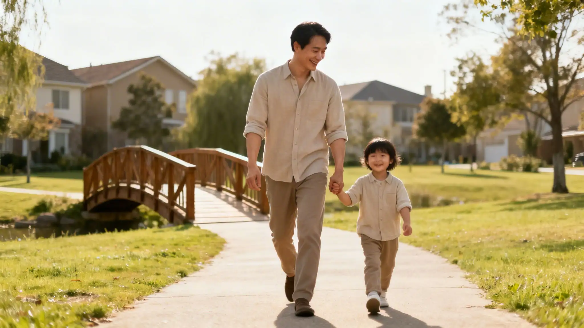 Padre e hijo asiáticos sonriendo y caminando de la mano por un sendero soleado en un parque suburbano con un puente.