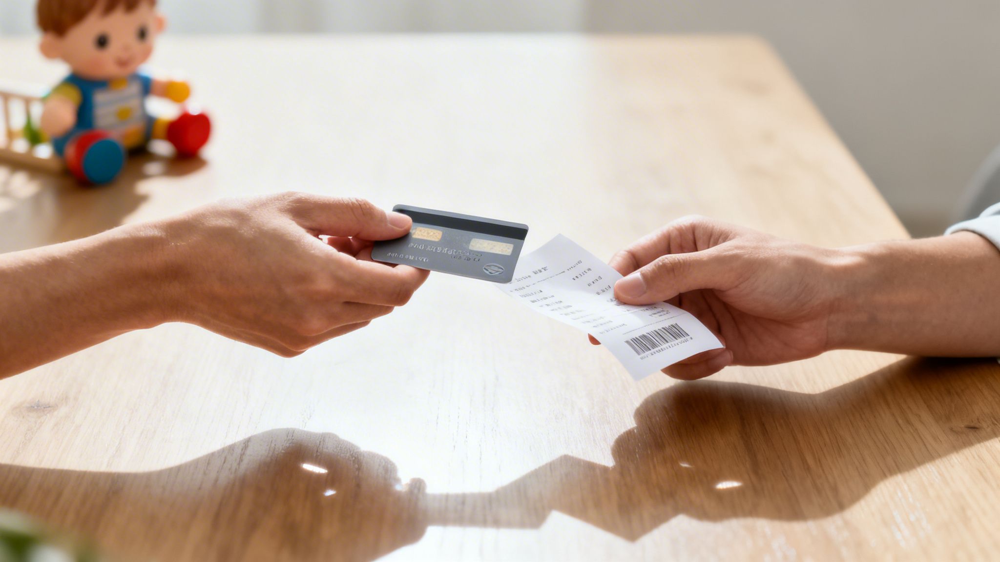 Dos manos intercambian una tarjeta de crédito y un recibo, con un juguete de bebé al fondo, simbolizando una transacción.