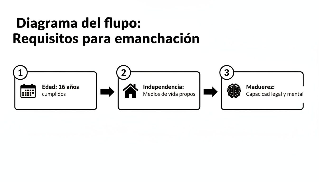 Diagrama de flujo mostrando los requisitos para la emancipación: edad, independencia y madurez legal.