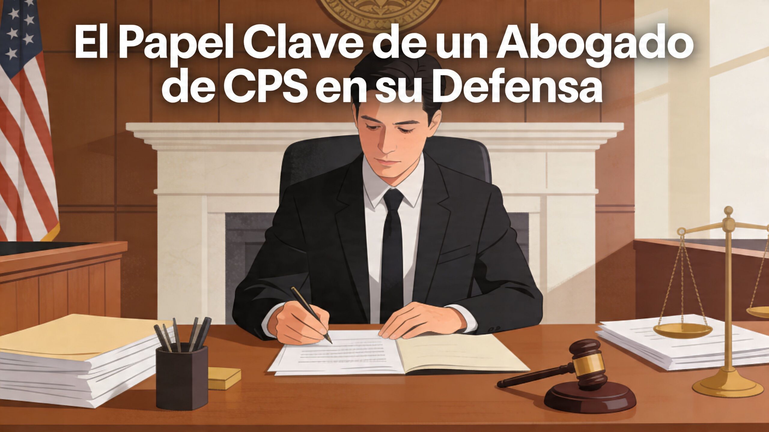 Un abogado analizando documentos legales en un despacho judicial con símbolos de justicia en la mesa.