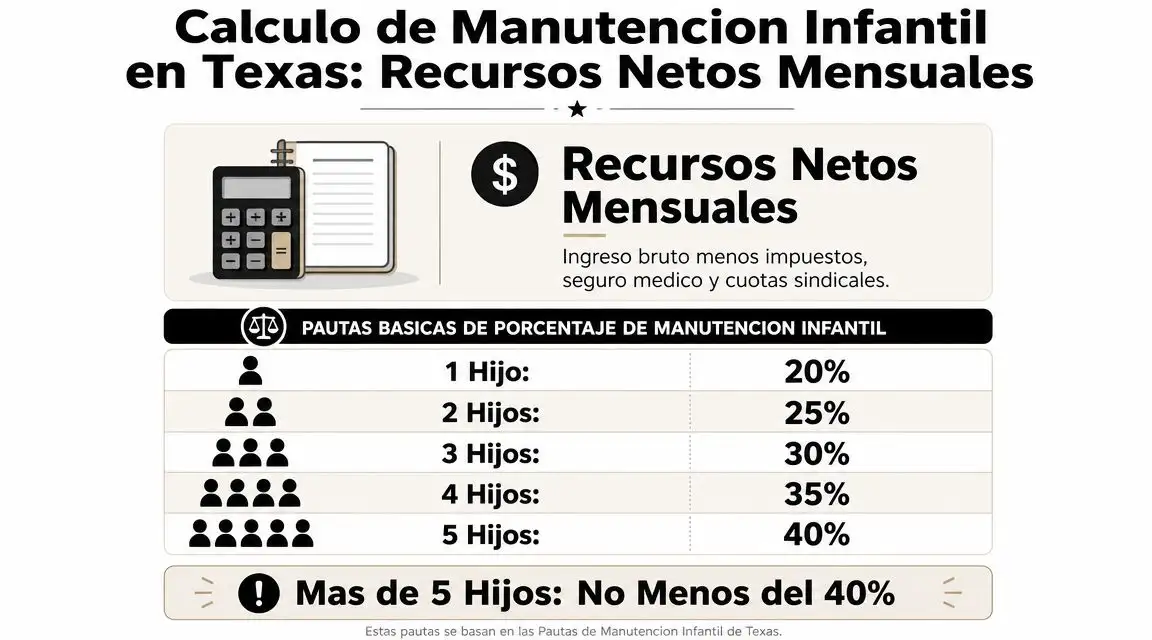 Tabla infográfica que muestra los porcentajes de manutención infantil en Texas según el número de hijos.