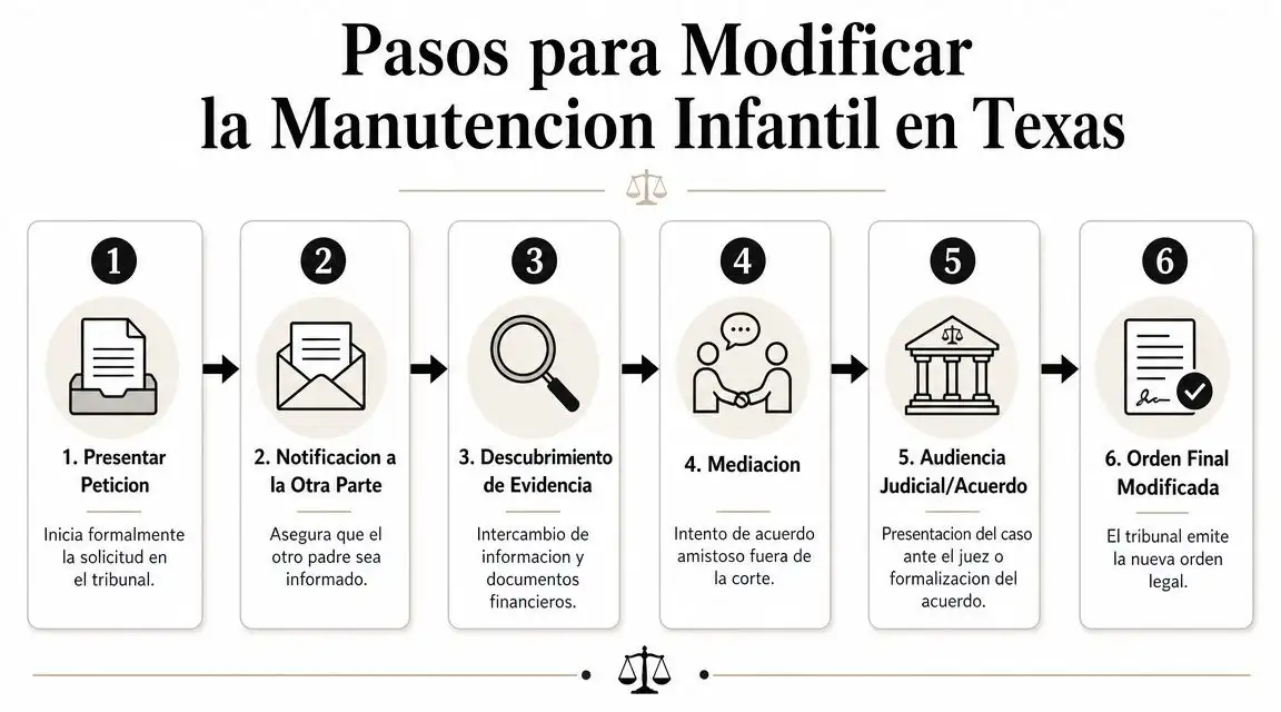 Infografía con seis pasos para modificar legalmente la manutención infantil en el estado de Texas.
