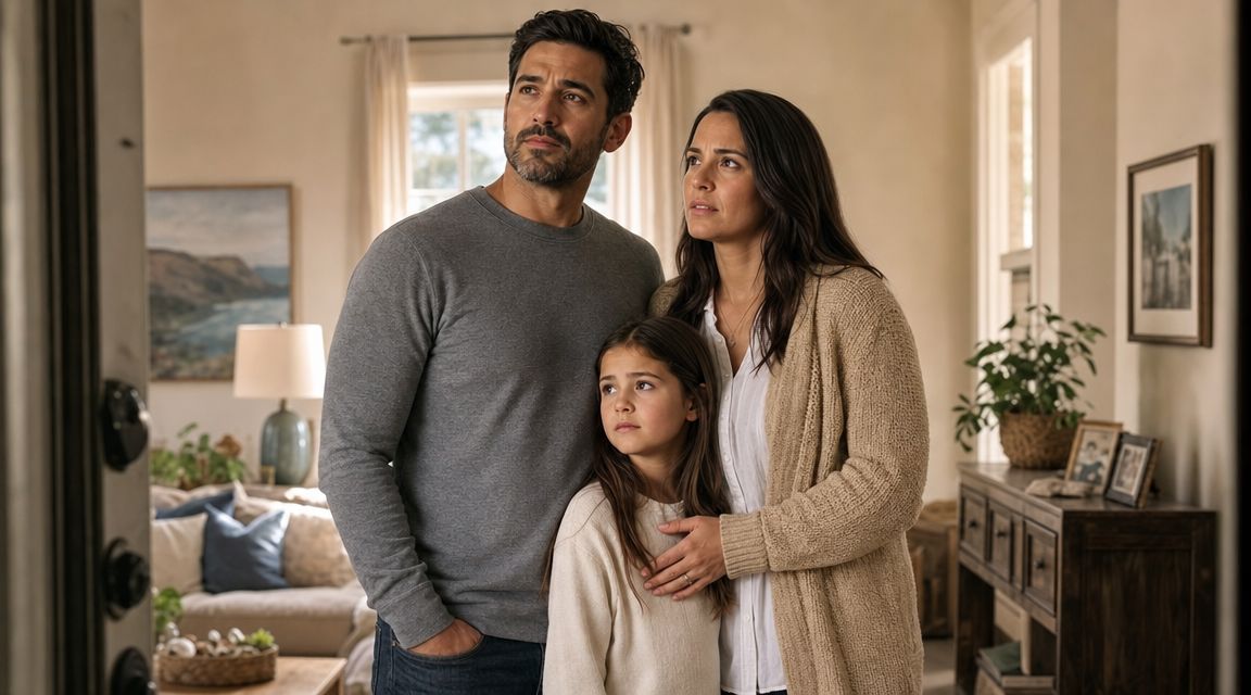 Una familia preocupada observa hacia la puerta de su hogar en una sala de estar moderna.