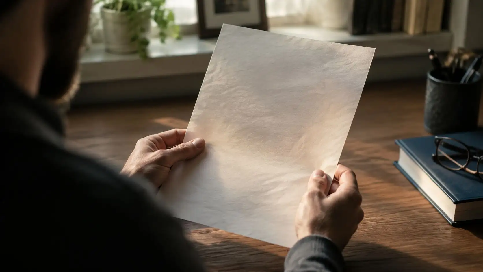 Un hombre sostiene una hoja de papel en blanco sobre una mesa de madera con libros.
