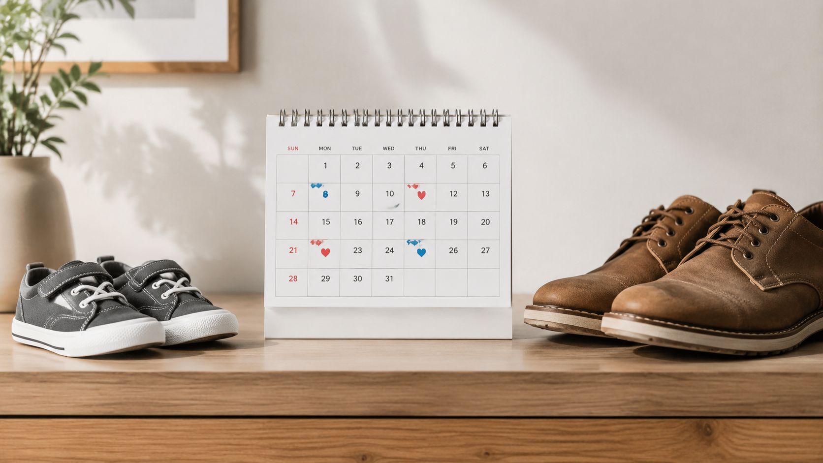 Un calendario de escritorio rodeado de zapatos de adulto y de niño sobre una mesa de madera.