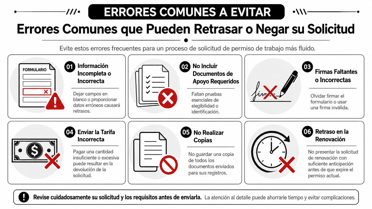 Infografía con seis errores comunes que pueden retrasar o causar la negación de una solicitud de permiso.