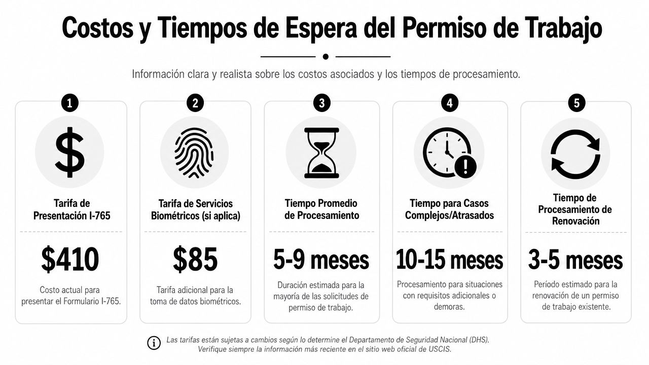 Infografía sobre los costos y tiempos de espera actuales para la solicitud del permiso de trabajo estadounidense.