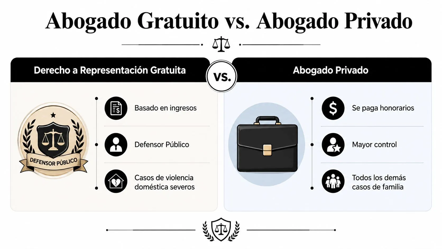 Comparativa entre representación legal gratuita mediante defensor público y los servicios de abogados privados en casos familiares.