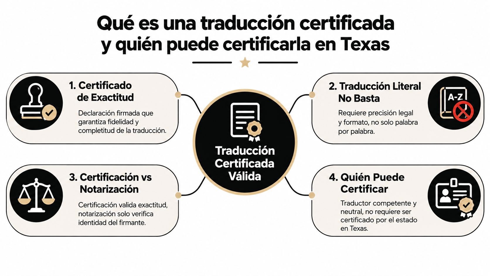 Infografía sobre qué es una traducción certificada de documentos legales y quién puede realizarla en Texas.