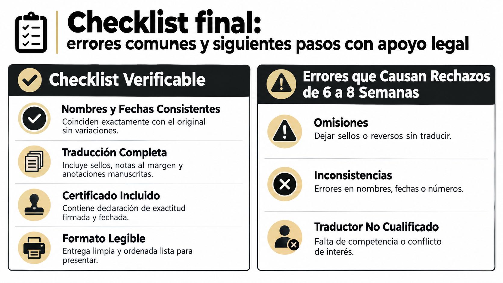 Lista de verificación sobre la traducción certificada de documentos legales, detallando errores comunes y requisitos necesarios.