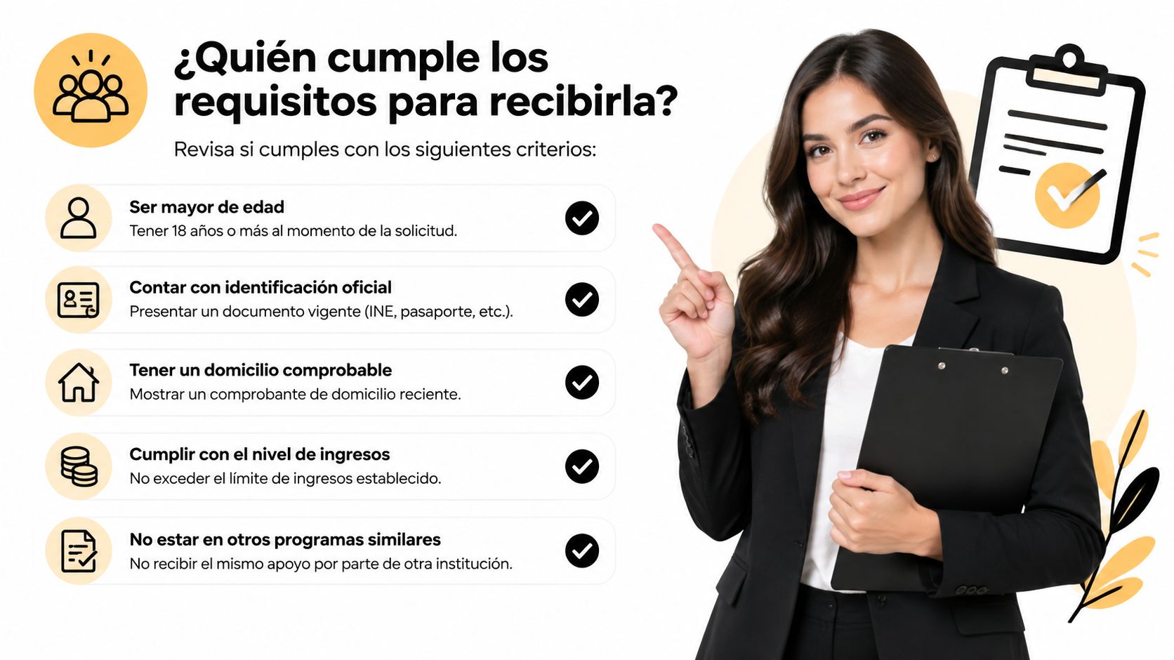 Mujer profesional señalando una lista de requisitos para solicitar un apoyo gubernamental o beneficio social.
