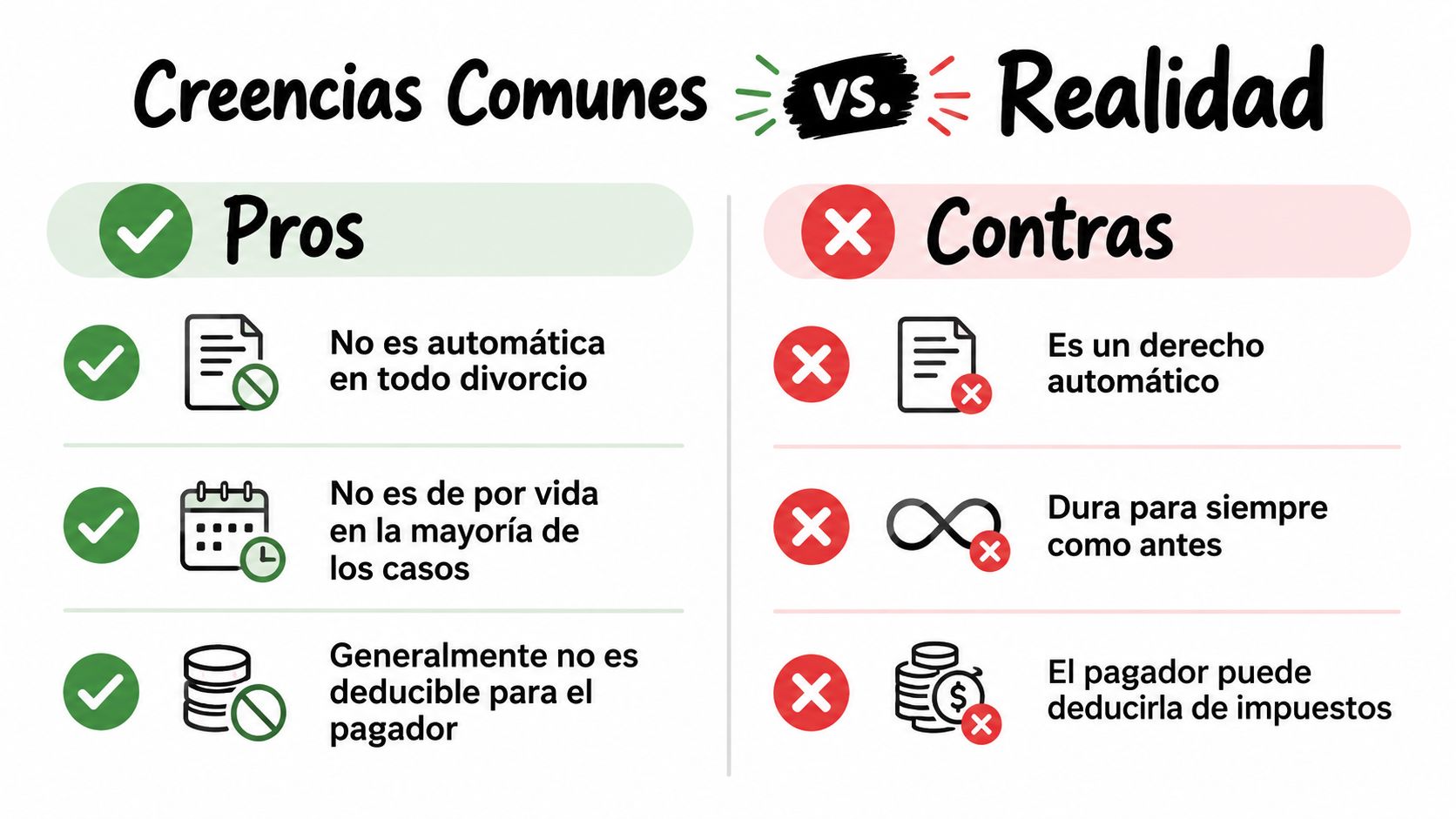 Comparativa visual entre mitos y realidades sobre la pensión conyugal en procesos de divorcio mediante íconos.