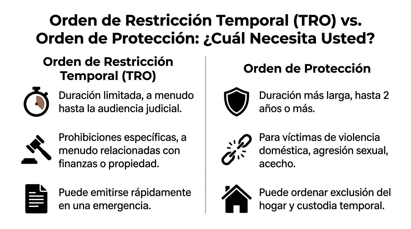 Una infografía comparativa entre una orden de restricción temporal y una orden de protección en español.