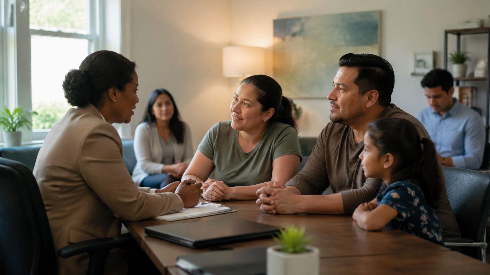 Una familia hablando con una asesora profesional en una oficina sobre procesos legales y asesoría familiar.