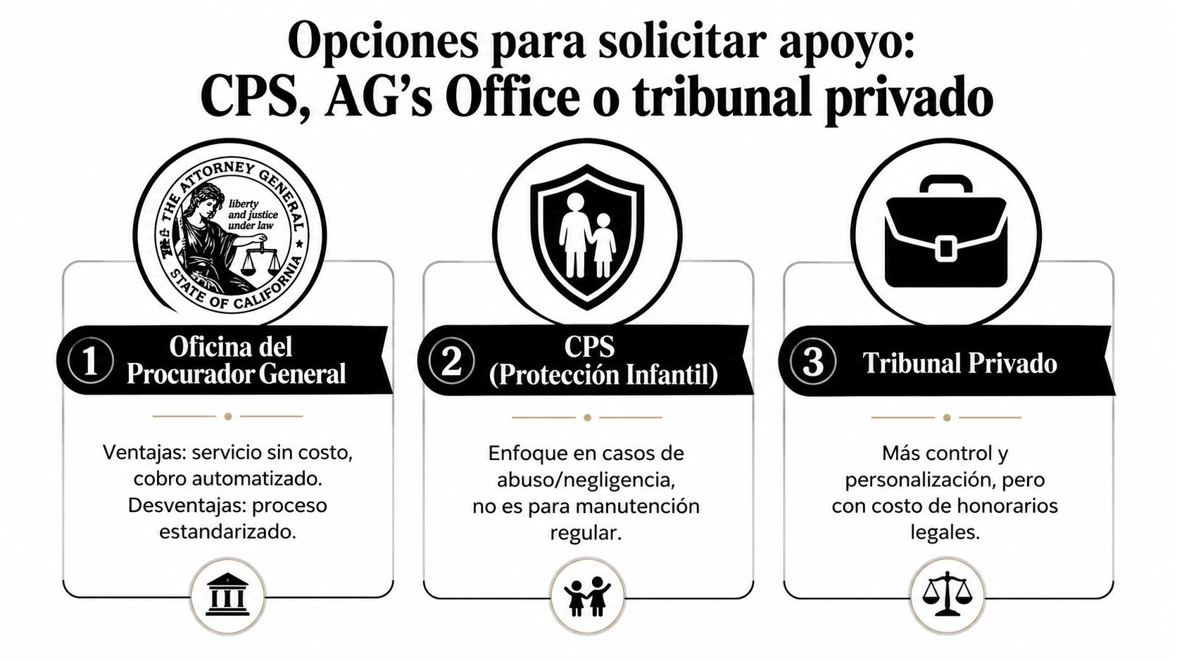 Infografía sobre opciones legales para manutención de hijos: Oficina del Procurador General, CPS y tribunal privado.
