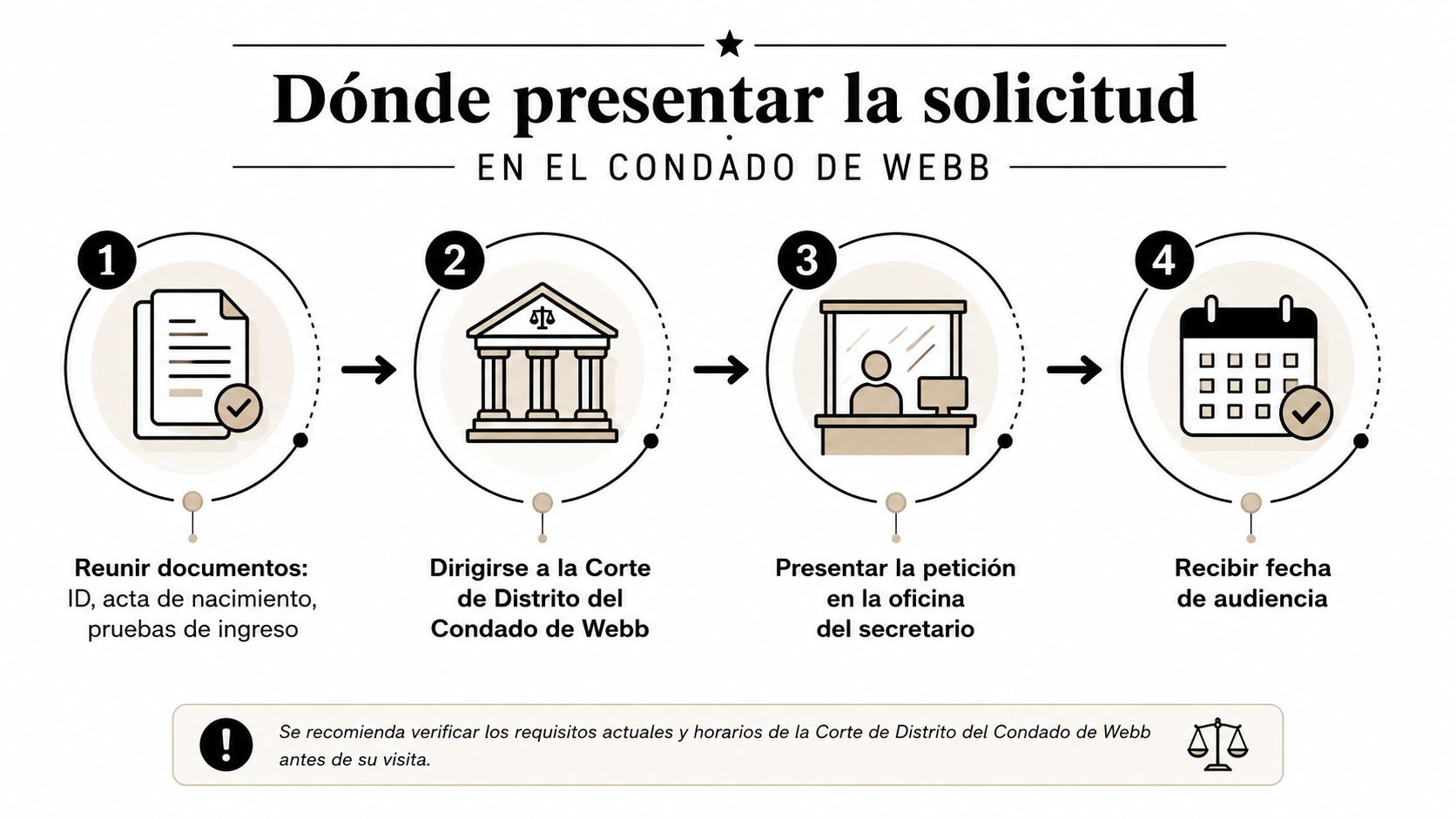 Infografía paso a paso sobre cómo presentar una solicitud legal en la Corte del Condado de Webb.