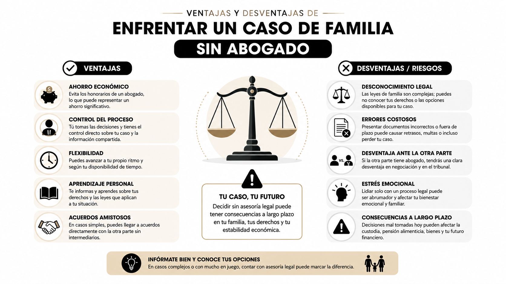 Infografía sobre las ventajas y desventajas de enfrentar un caso de familia sin asesoría legal profesional.