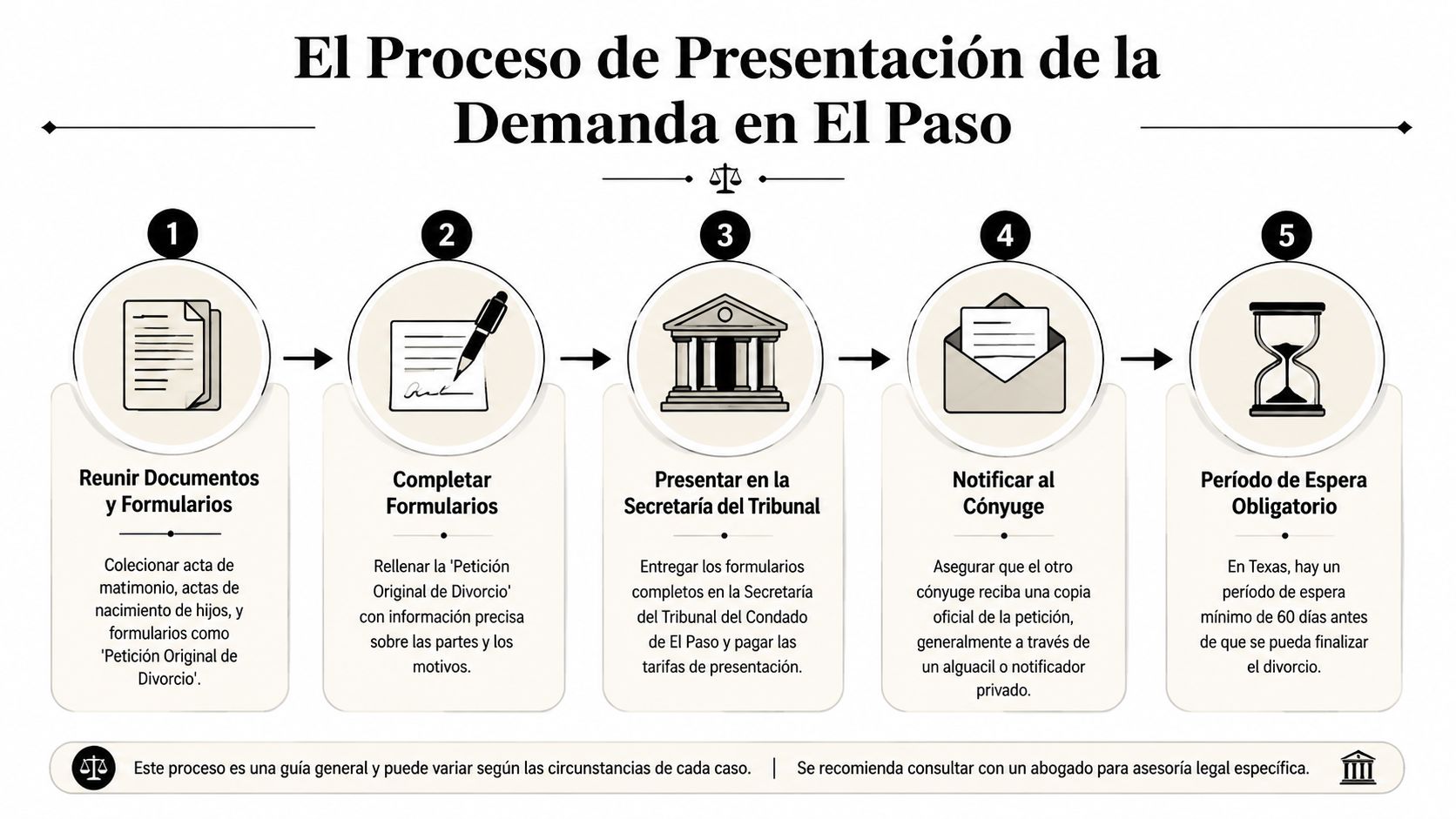 Una infografía detallando los cinco pasos necesarios para solicitar el divorcio en el Condado de El Paso.