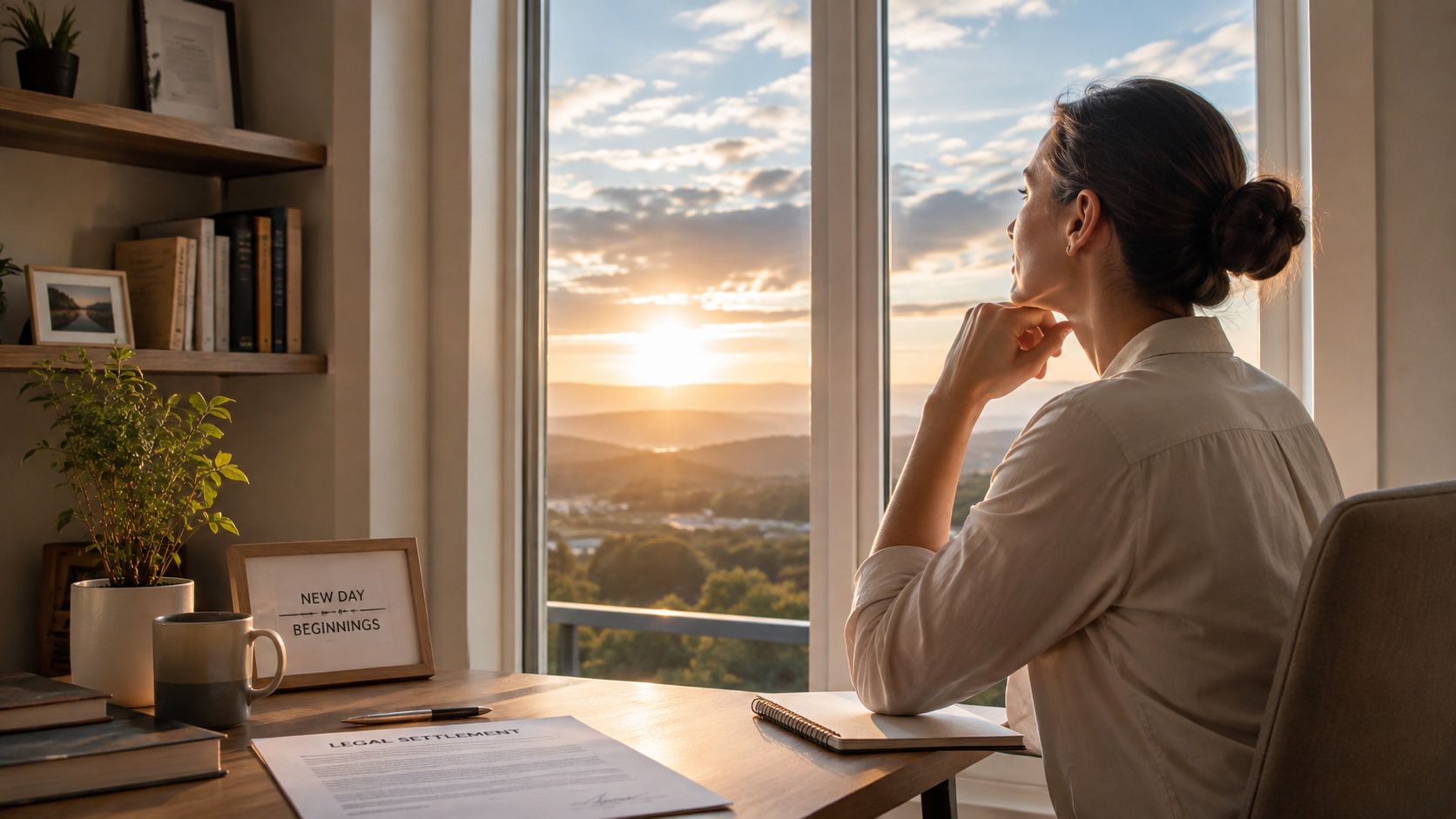 Mujer joven mirando por la ventana al atardecer sentada ante un documento de acuerdo legal sobre su escritorio.