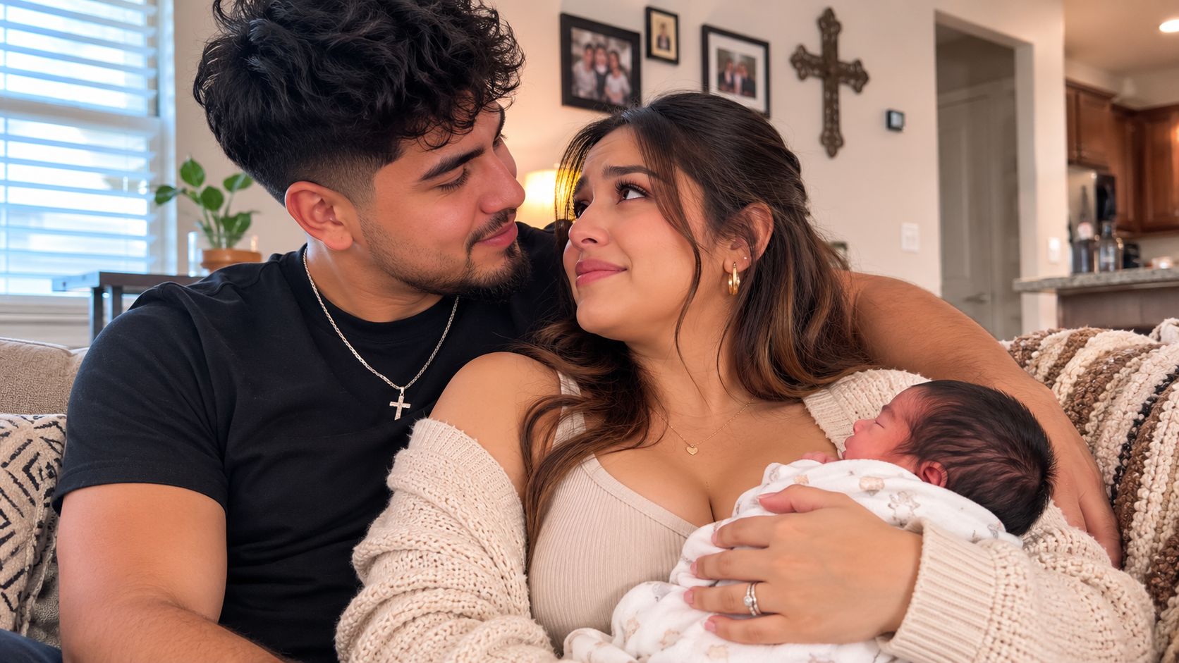 Una pareja joven con una mirada llena de amor sostiene a su recién nacido en casa.