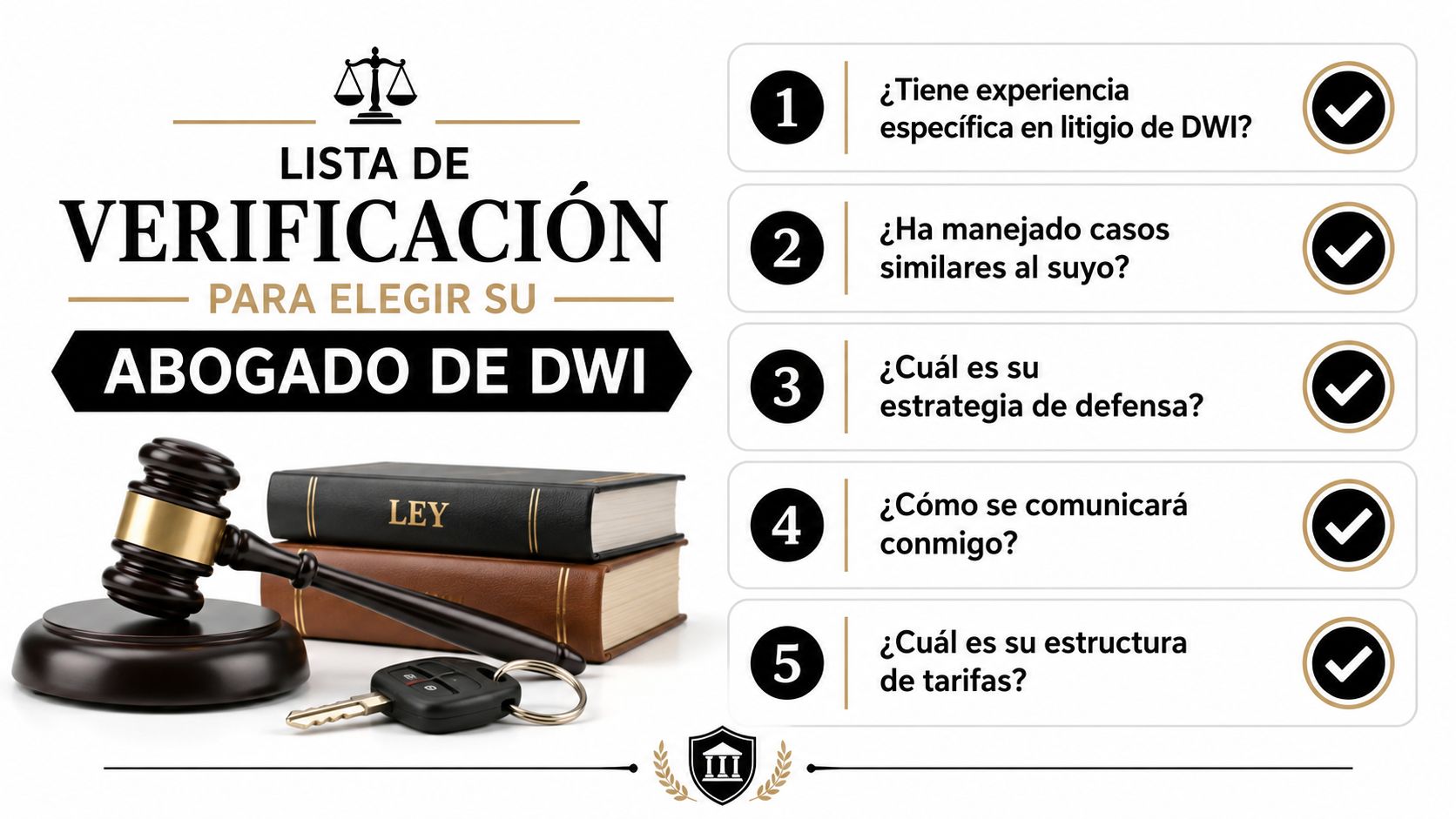 Lista de verificación para elegir un abogado de DWI con preguntas clave y un mazo de juez.
