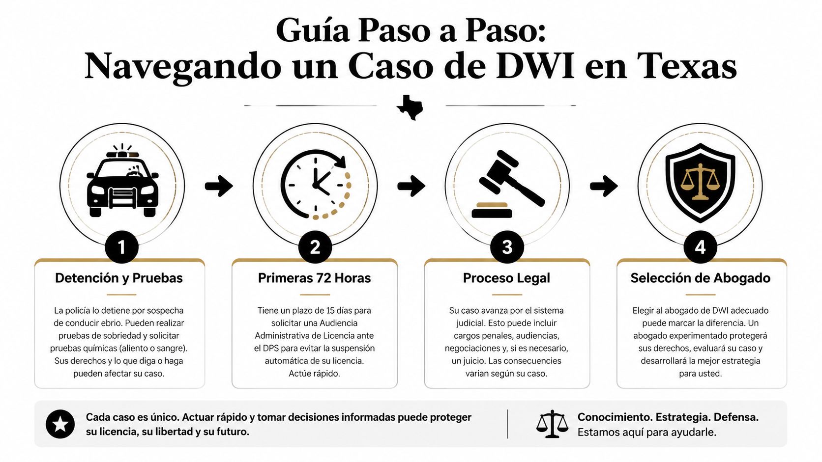 Infografía paso a paso para navegar un caso de conducción bajo la influencia en Texas.