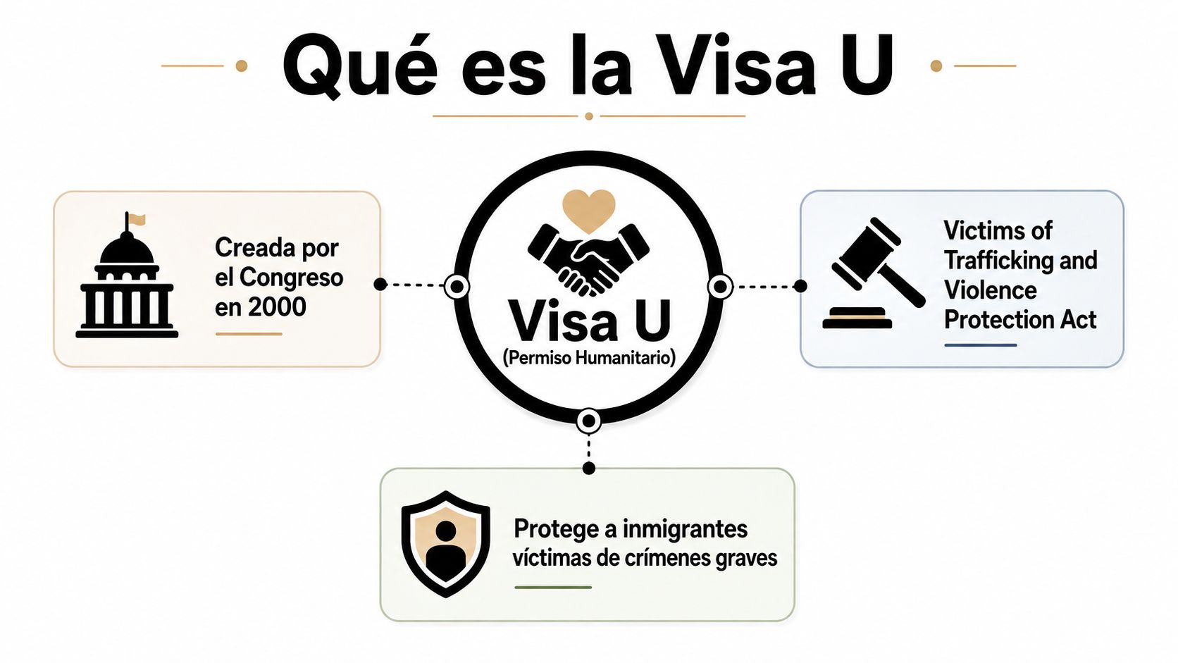 Infografía sobre la Visa U, un permiso humanitario creado para proteger a inmigrantes víctimas de crímenes graves.