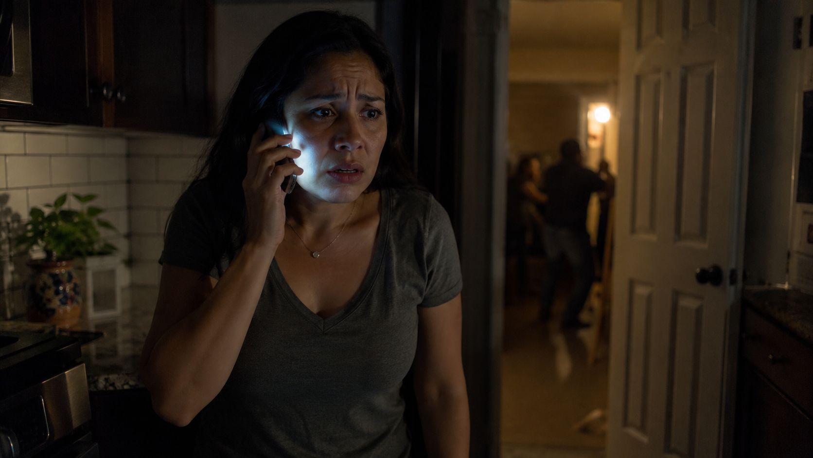 Una mujer preocupada hablando por teléfono en una cocina oscura mientras alguien camina al fondo de casa.
