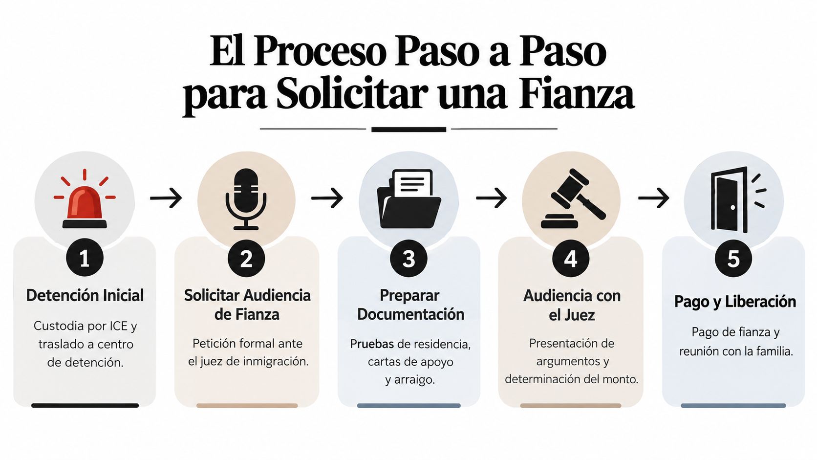 Infografía paso a paso detallando el proceso legal para solicitar una fianza de inmigración con un juez.
