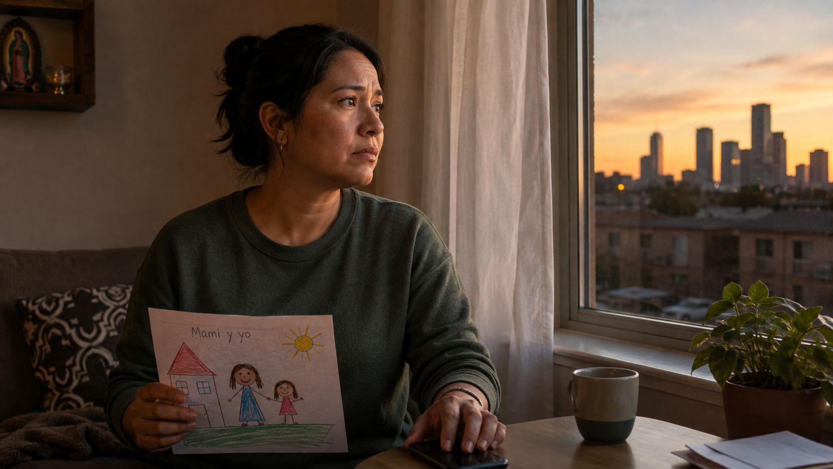 Una mujer latina reflexiva sostiene un dibujo infantil que dice Mami y yo frente a una ventana.