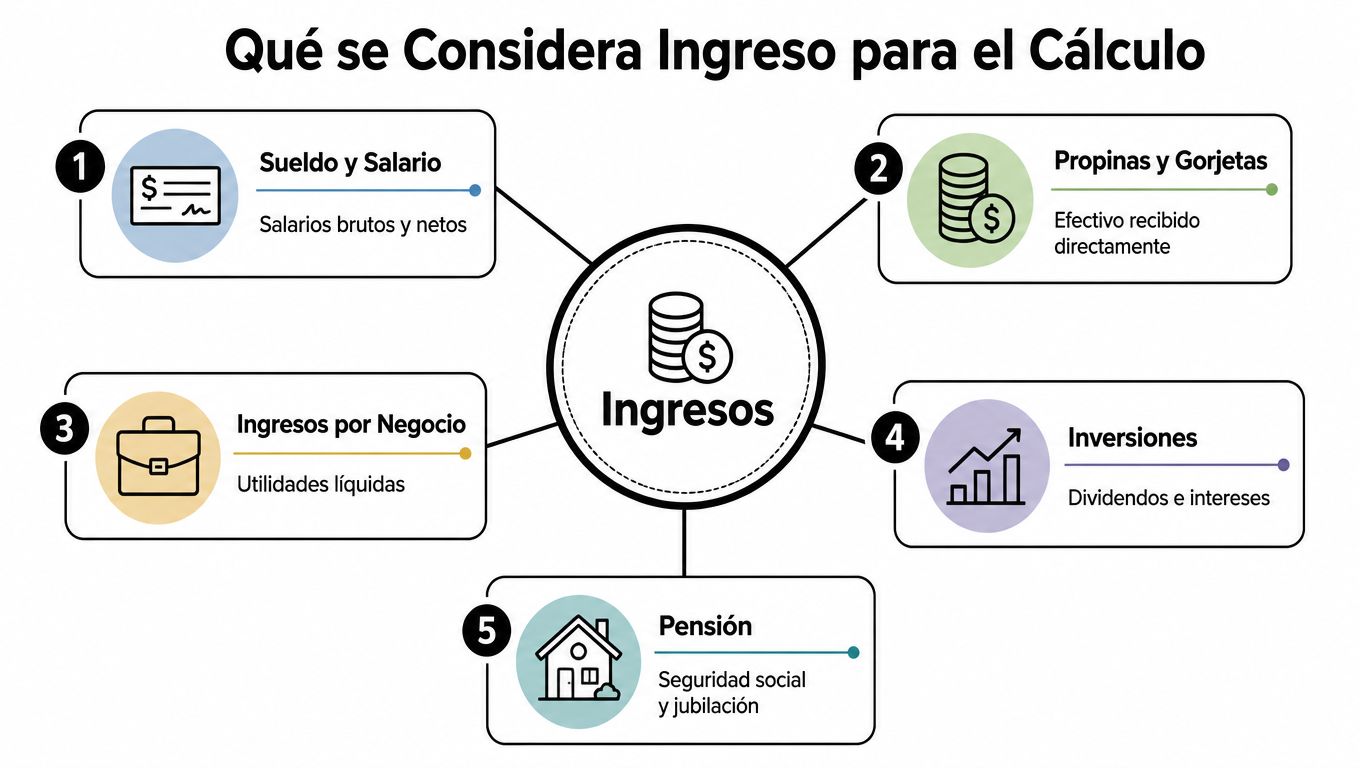 Diagrama circular sobre tipos de ingresos utilizados para el cálculo financiero de manutención y presupuesto personal.