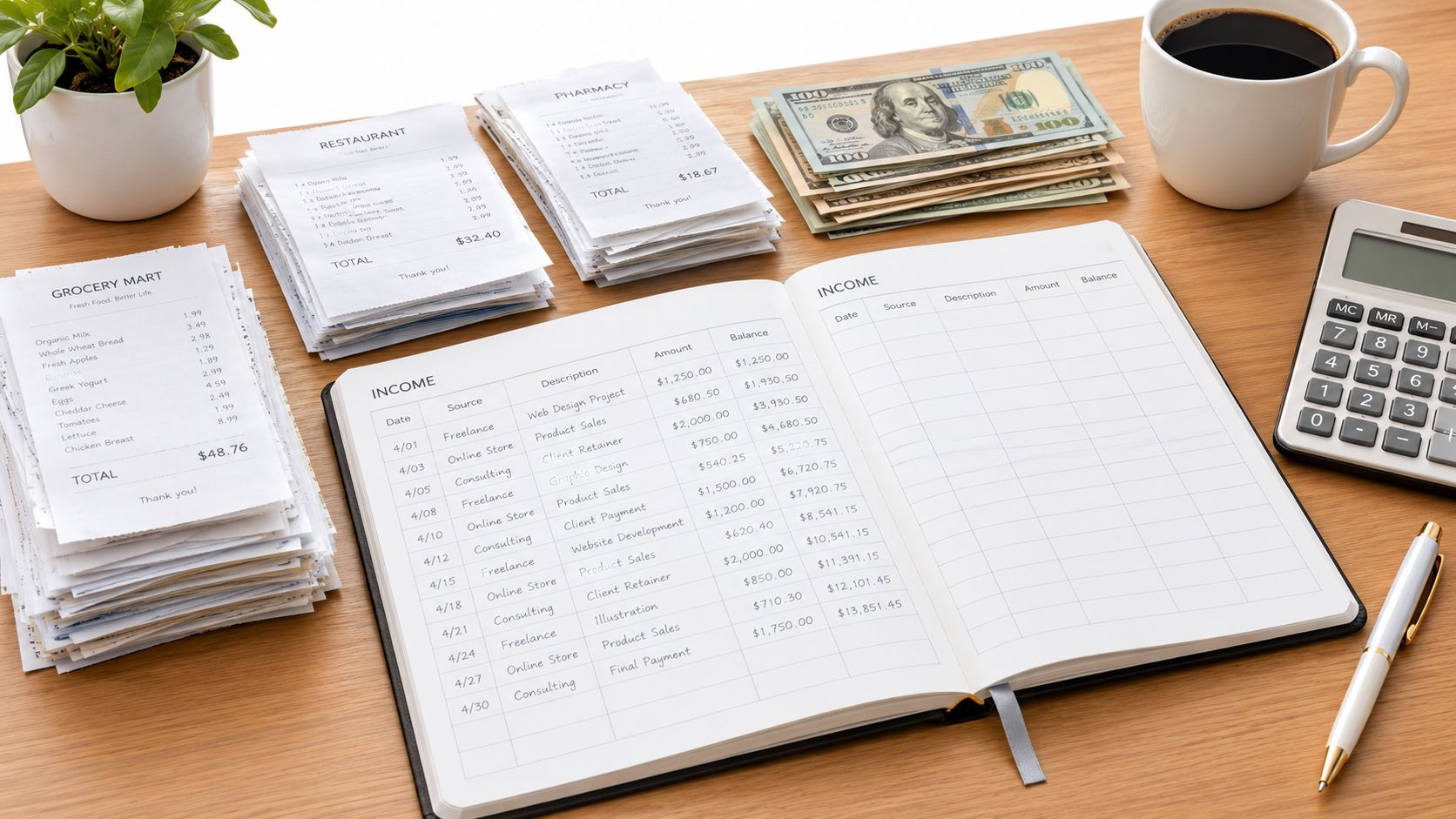 Libro de contabilidad abierto sobre un escritorio de madera junto a recibos, billetes y una calculadora.