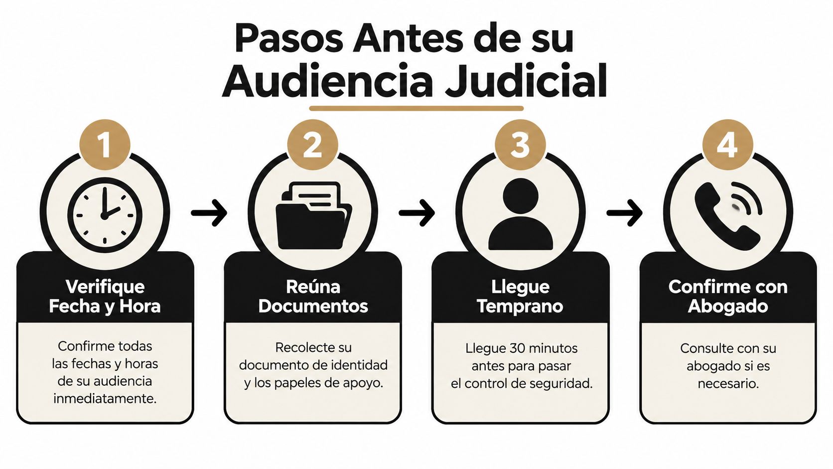 Gráfico que ilustra cuatro pasos esenciales para prepararse antes de asistir a una audiencia judicial.