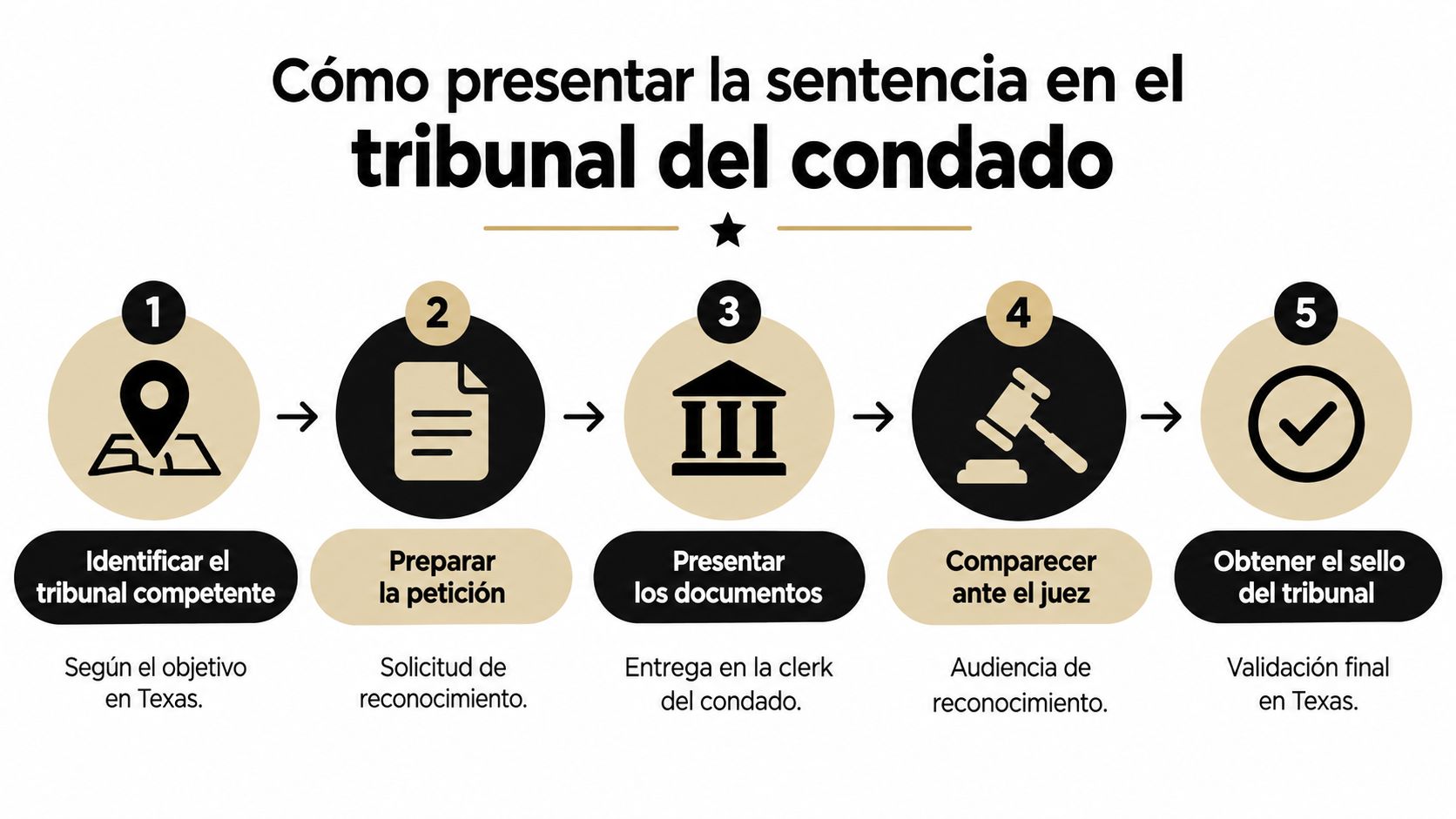 Infografía de cinco pasos sobre cómo registrar legalmente una sentencia judicial en el condado de Texas.