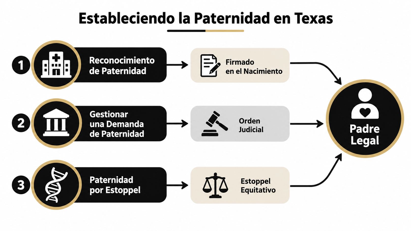 Diagrama que muestra los tres métodos principales para establecer la paternidad legal en el estado de Texas.