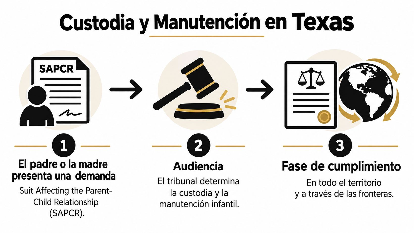 Diagrama de tres pasos que explica el proceso legal de custodia y manutención infantil en Texas.