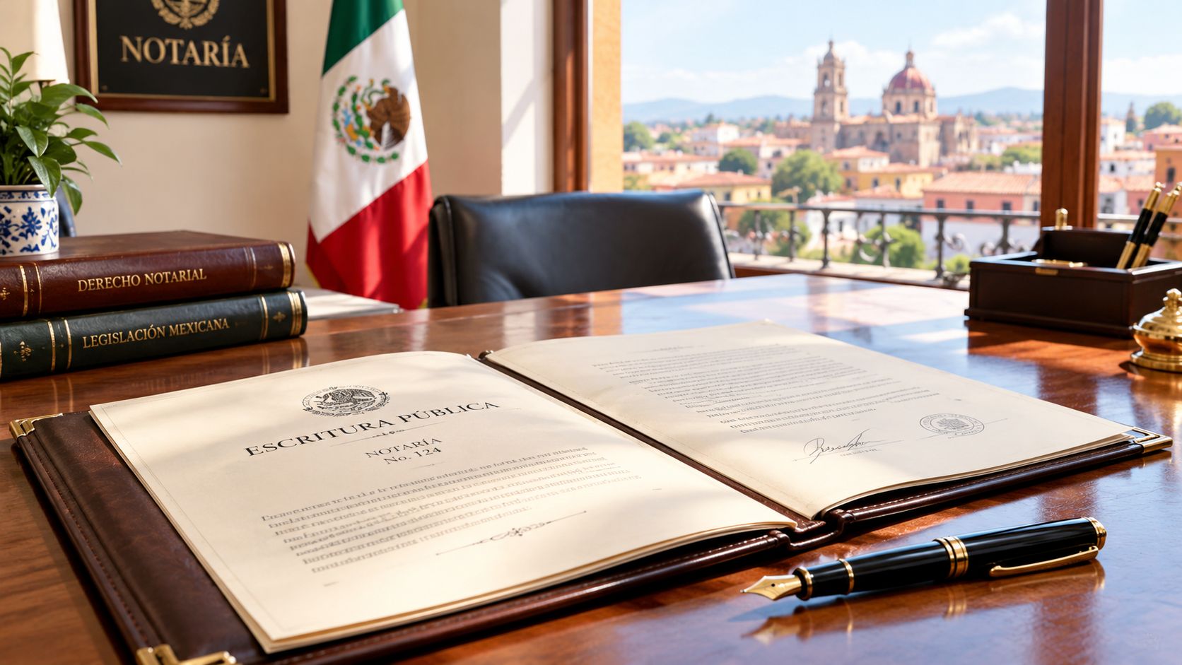 Escritorio de notario con documentos legales, bandera de México y vista panorámica de una iglesia colonial.