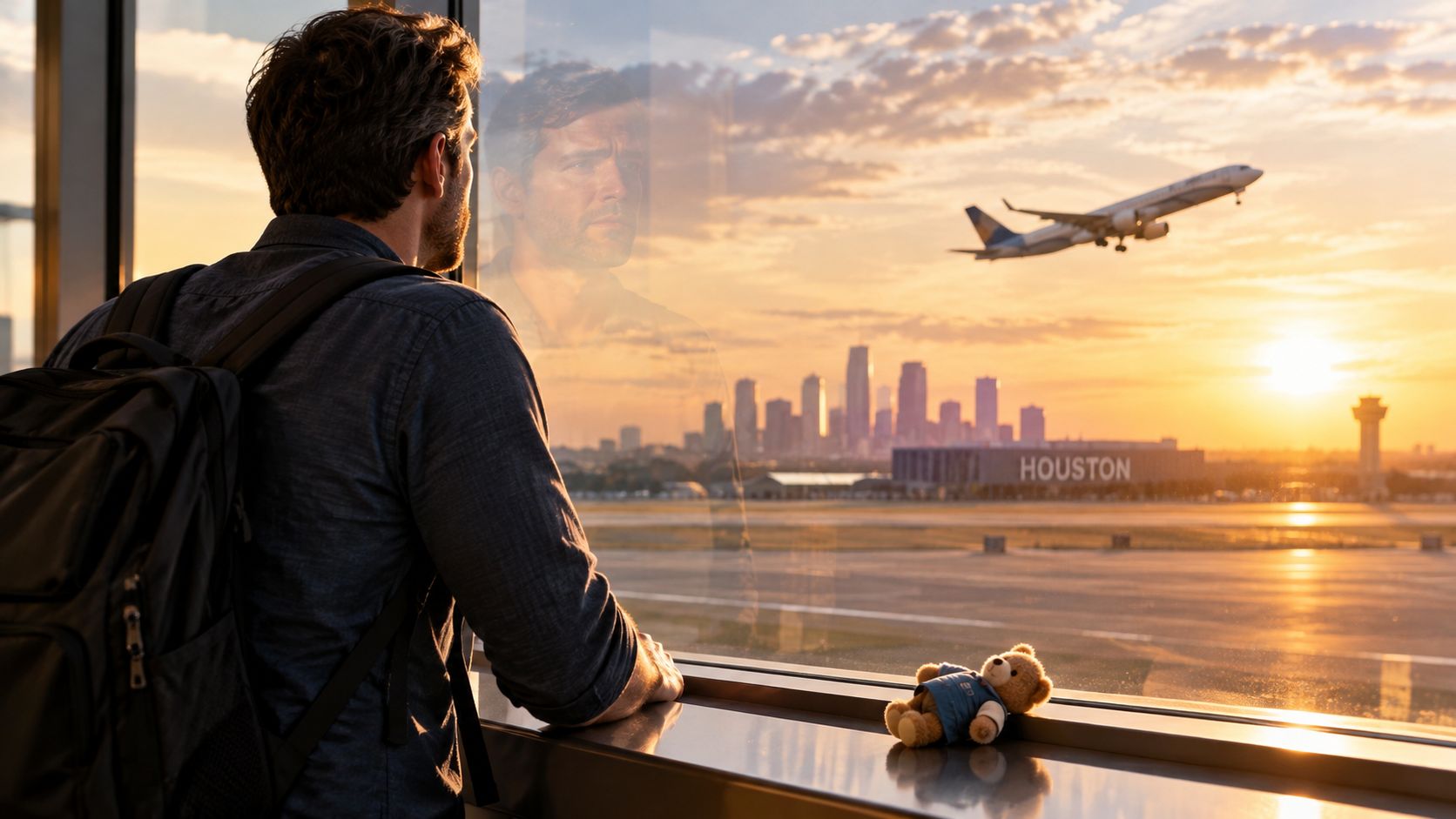 Un hombre observa un avión despegando desde la terminal de un aeropuerto con un pequeño oso de peluche.