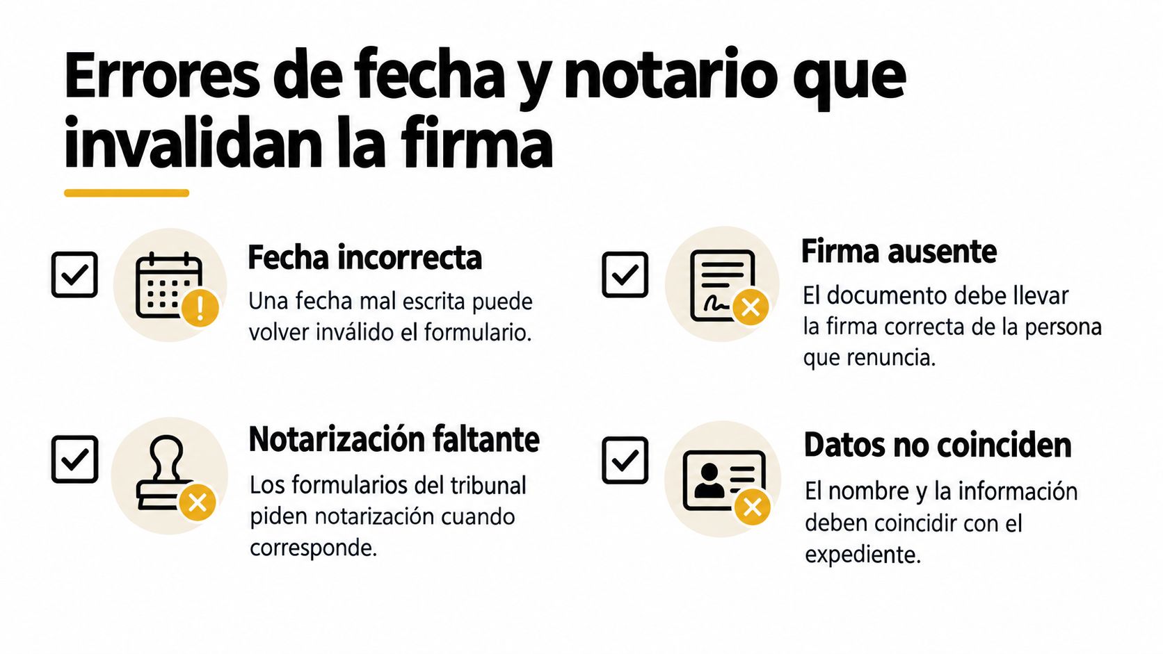 Una infografía detallando los errores comunes de fecha, firma y notaría que invalidan formularios legales.