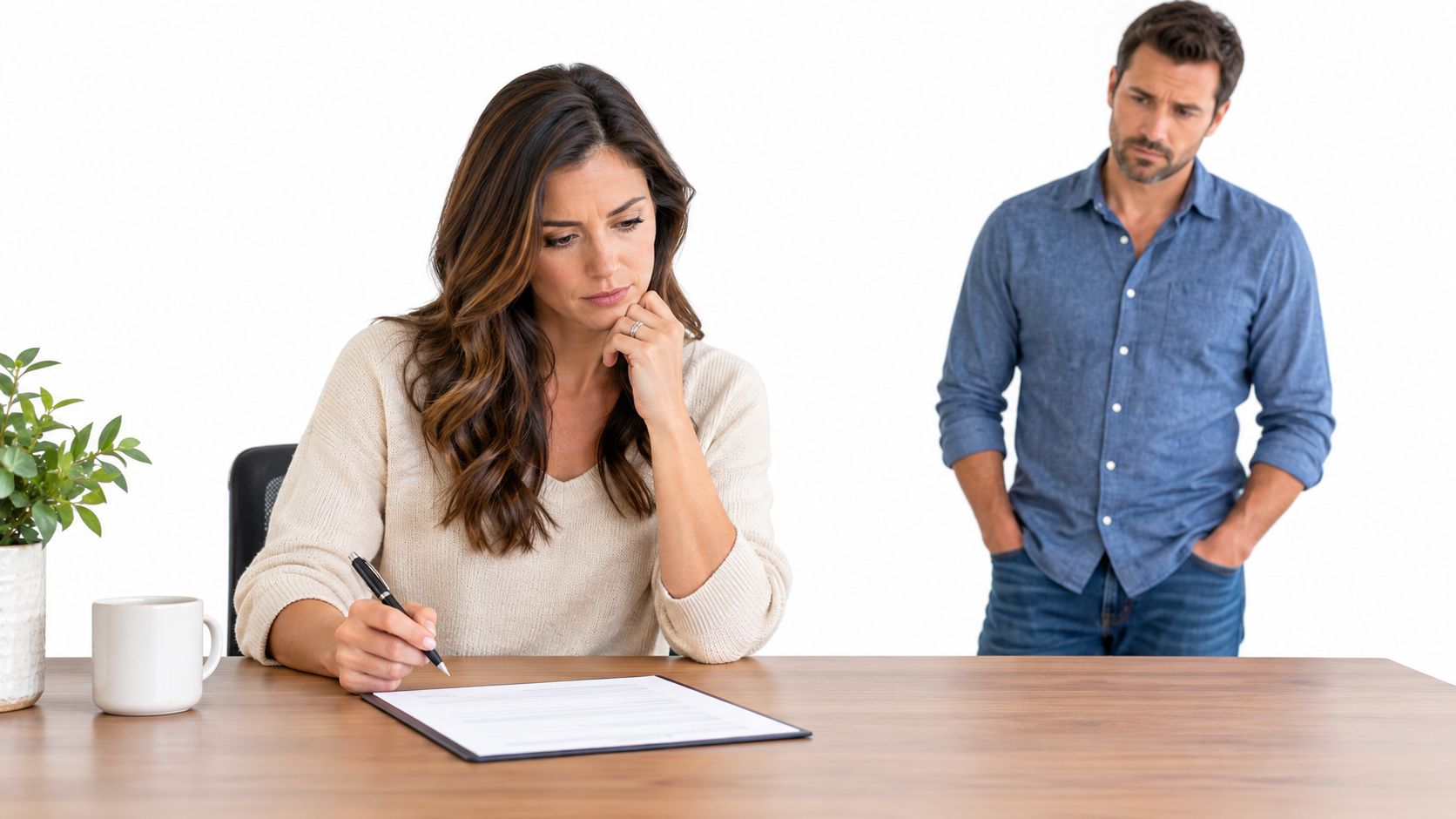 Una mujer seria firma documentos legales sentada en una mesa mientras un hombre observa de pie detrás